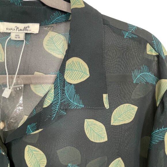 NWT Simply Noelle Sheer Button Down Tab-Sleeve Leaf Blouse Midnight Blue Sz XXL - Picture 6 of 14